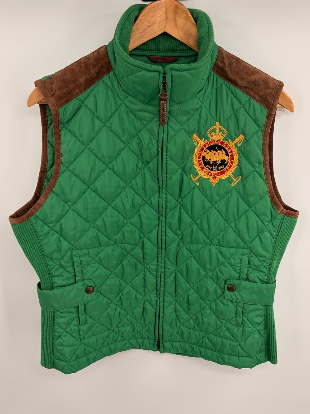 Ralph Lauren sport polo crest quilted puffer green brown vest women’s XL equine